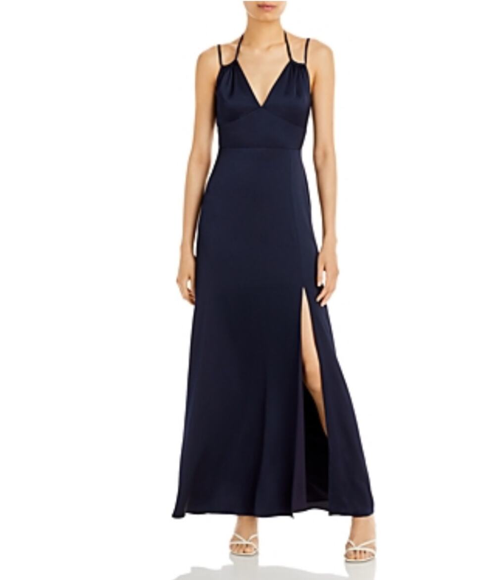 AQUA Blue Evening Gown Satin Cut Out Back Thigh Slit A-Line Long Dress Size 4